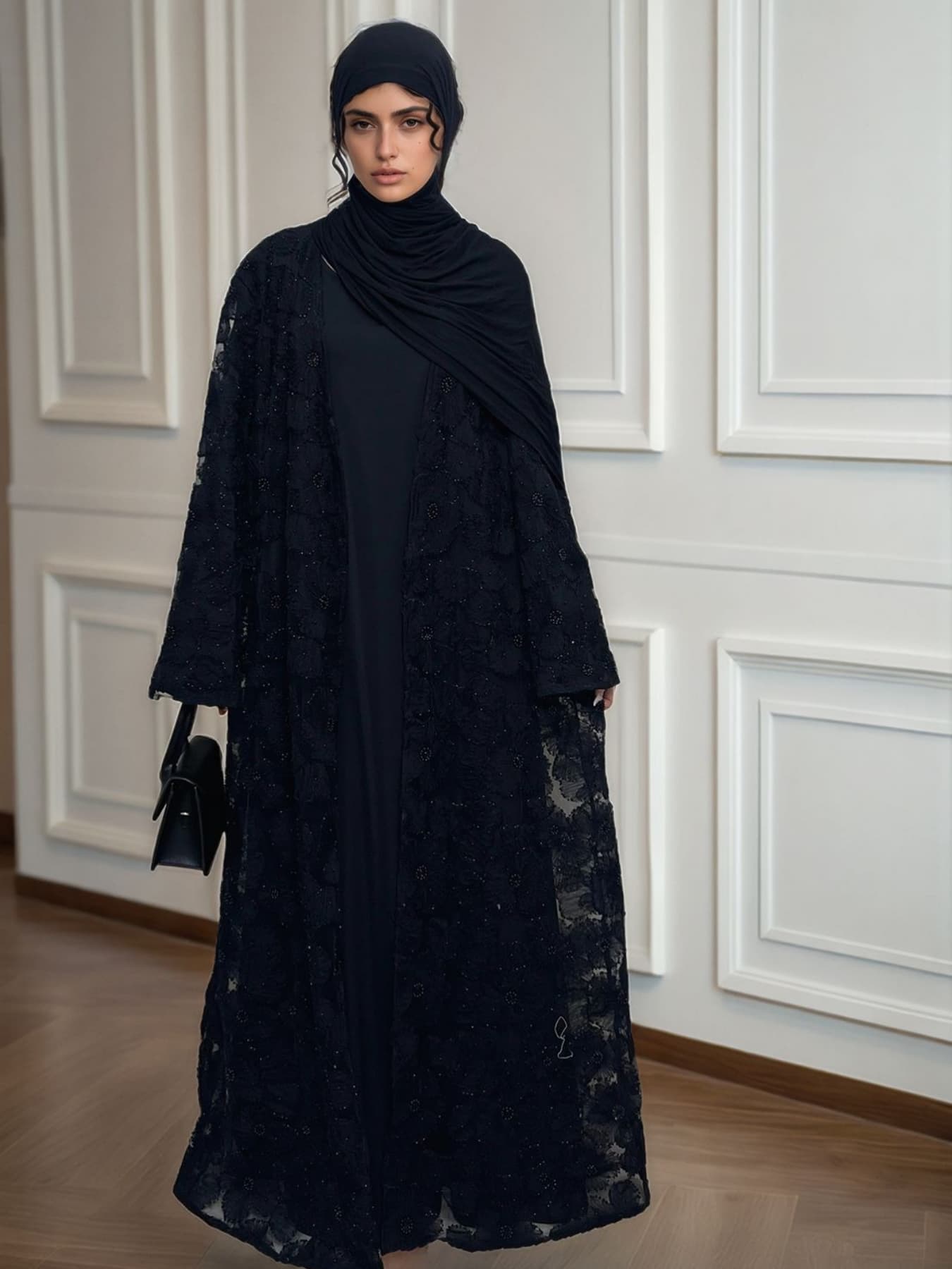 Women's Elegant Pearl Floral Beaded Abaya Hijab Set