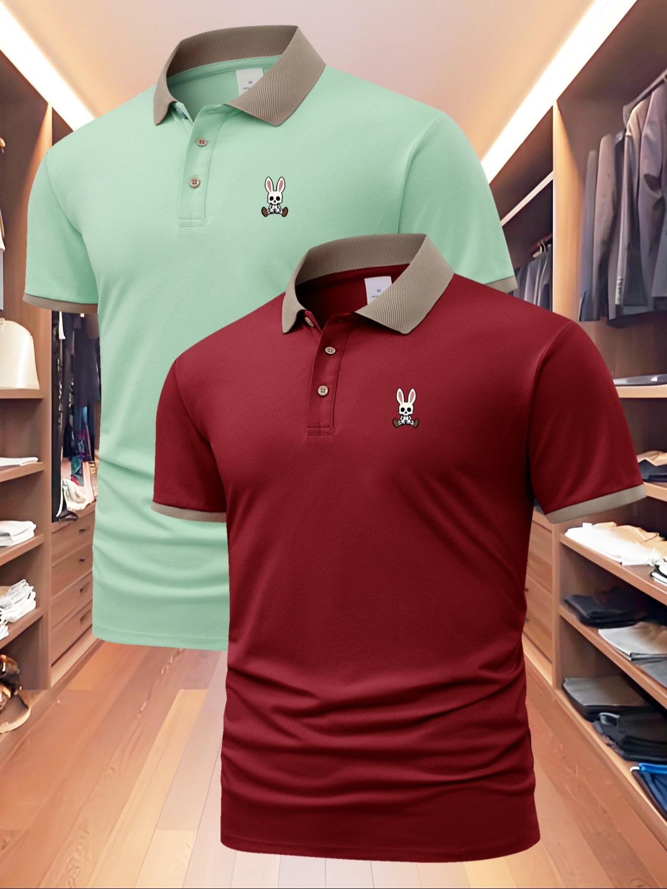 Men's Regular Fit Rabbit Print Polo Shirt, Casual Short Sleeve Collared Top for Summer, Fashion Men's Clothes for Daily Wear, Tropical