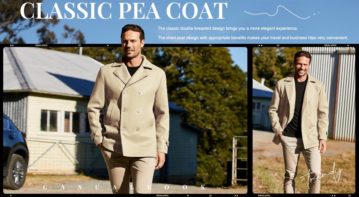 Runcati Men's Classic Pea Coat Notched Collar Double Breasted Slim Fit Winter Warm Heavyweight Trench Coats