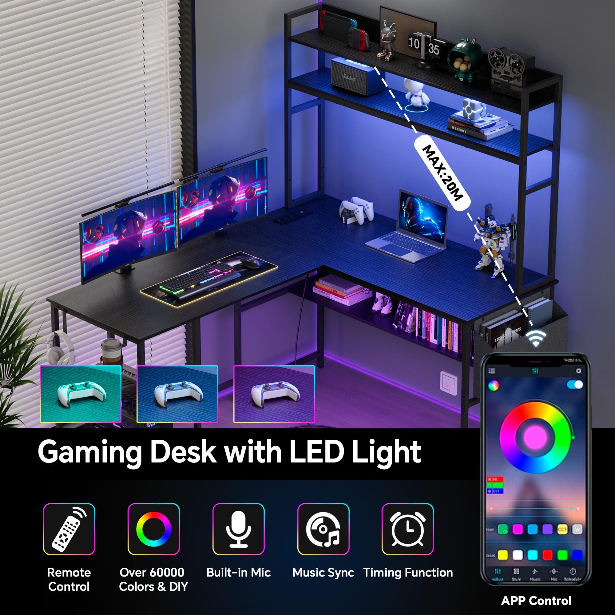 L Shaped Gaming Desk with LED Lights & Power Outlets Computer Desk with Hutch Office Desk with Storage Shelf, Headphone Hook,Cup Holder twoperson desk