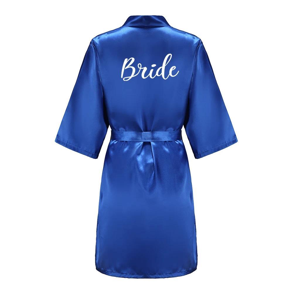 Team Bride Satin Kimono Lounge Robe, Royal Blue Bridesmaid Bathrobe with White Letters, Wedding Party Stress Relief Loungewear