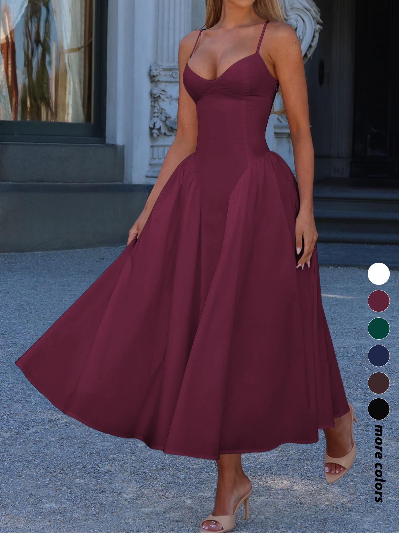 Pure Color Elegant Sleeveless Long Lady Summer Dress, Waist Cinched Design, Fitted Style, Plain Pattern, Perfect for Various Occasions, Formal