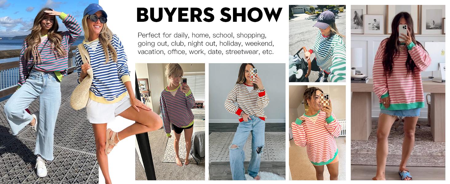 Fisoew Womens Striped Oversized Sweatshirt Color Block Crew Neck Long Sleeve Shirt Casual Loose Pullover Top Y2K Clothes SpringStatements