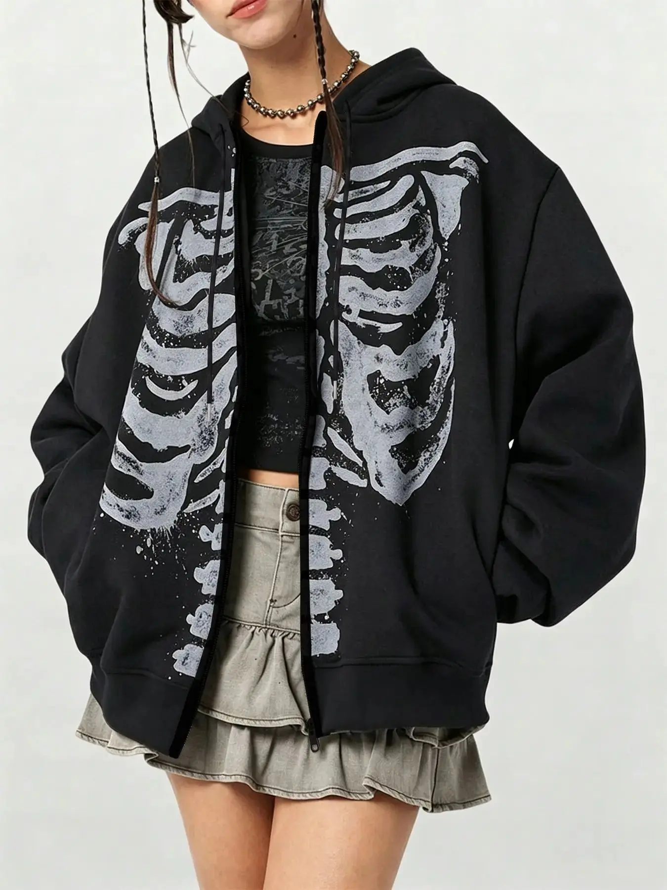Women's Black Skull Skeleton Print Zip-Up Hoodie, Loose-Fit Graphic Full-Zip Jacket, Y2K Grunge Gothic Style Hoodie, Casual Autumn Wear