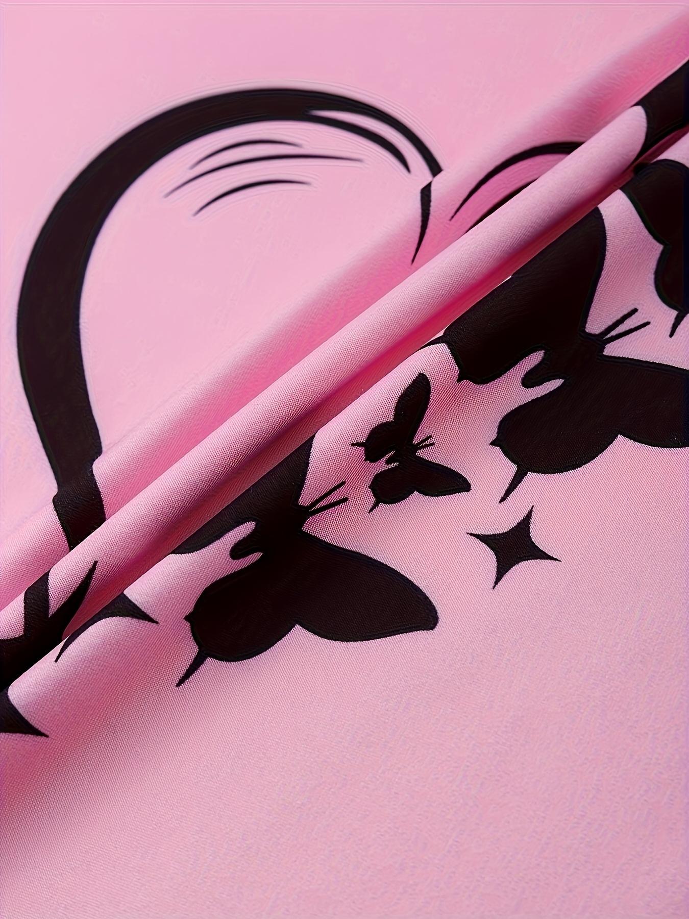 Silky Fiber Pajama Set, 95% Polyester & 5% Elastane Blend, Short Sleeve Round Neck Shorts, Heart Butterfly Patterns, Spring Summer Fall Wear, Loungewear