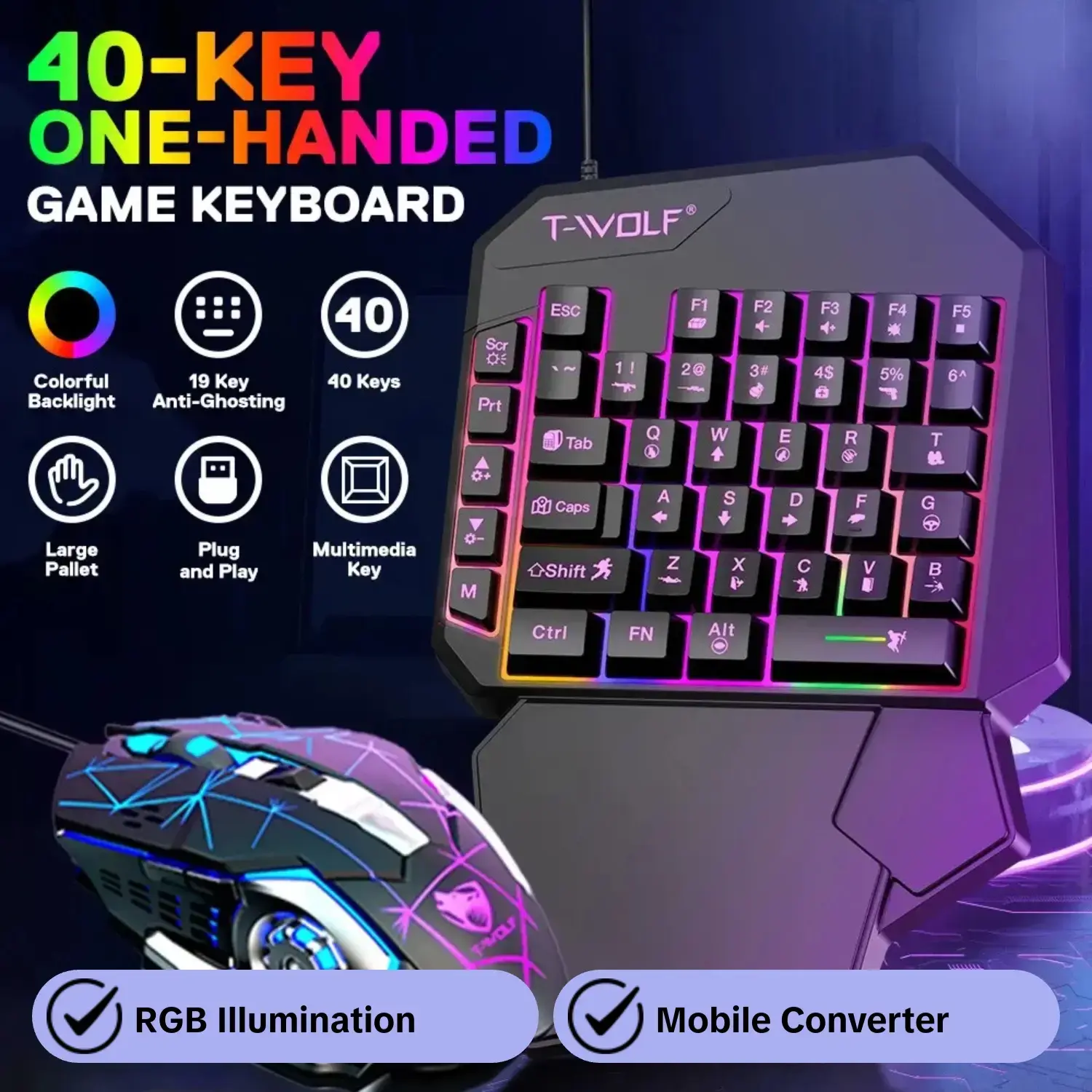 2-In-1 Half-Hand Wired Mechanical RGB Keyboard & Mouse Set, Wired Mechanical RGB Illuminated Keyboard with Wrist Rest, Mobile Converter for Android iOS, Lighted Gaming Keyboard, Gaming Setup Accessories