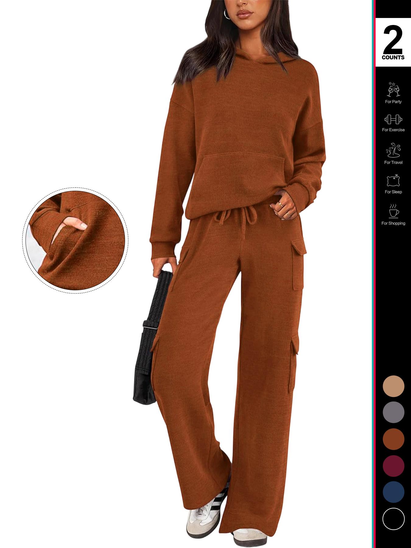 2026 Womens Fall Outfit 2-Piece Knitted SetsHoodie Tracksuits Wide Leg Pants With Pocket AndDrawString Long Sleeve Hooded Kangoroo Pocket TopsKnitwear Sporty Casual Loungwear, Womenswear Travel Outfit