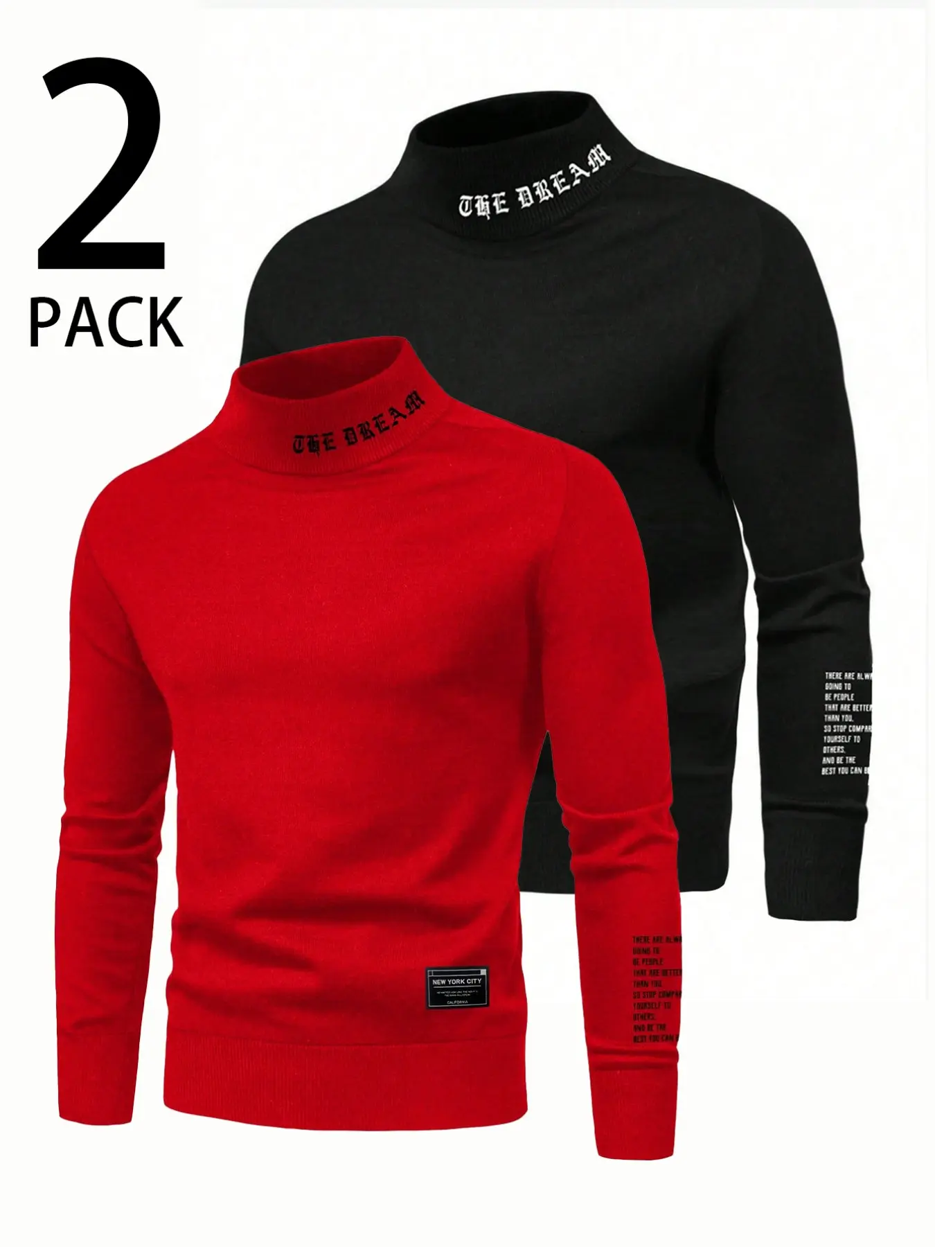 Men's 2-Pack Warm Innerwear Set, High Neck Long Sleeve Masculine Sweater, Fall Winter Cozy Pullover, Thickened Fleece T-Shirt, Casual Wear