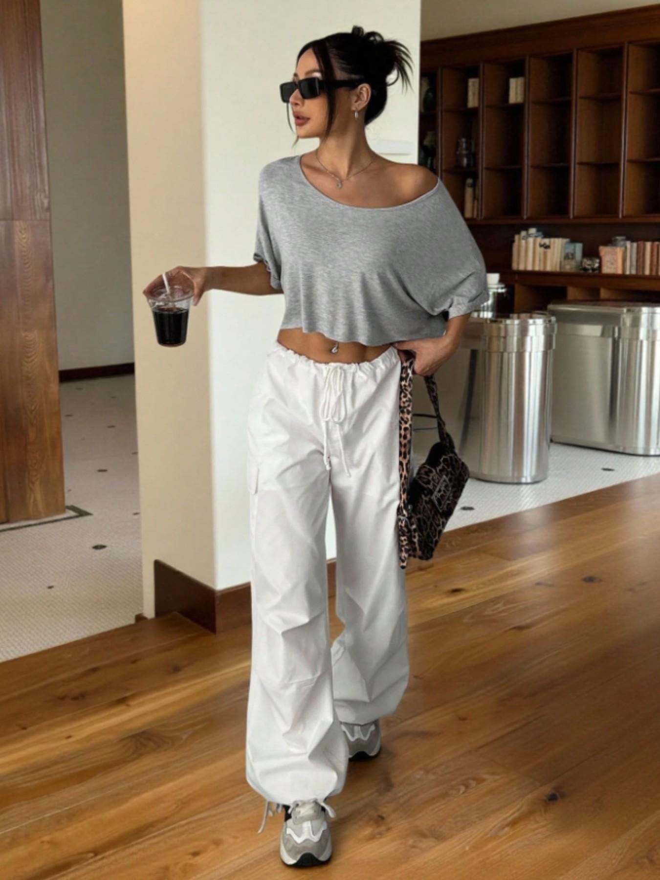 Women's Asymmetrical Shoulder One-Shoulder Short T-Shirt, Loose Fit, Casual, Sexy Off-The-Shoulder, High Waist, Crop Top, Short Sleeve Top