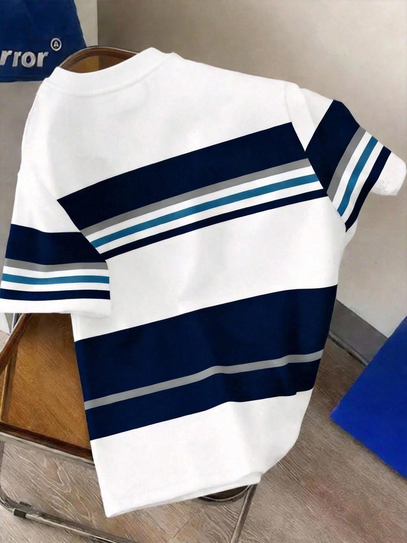 American Retro Colorblock Striped Letter Print Short Sleeve T-Shirt, Men's Summer Loose Casual Round Neck Top, Graphic Fitted Tee