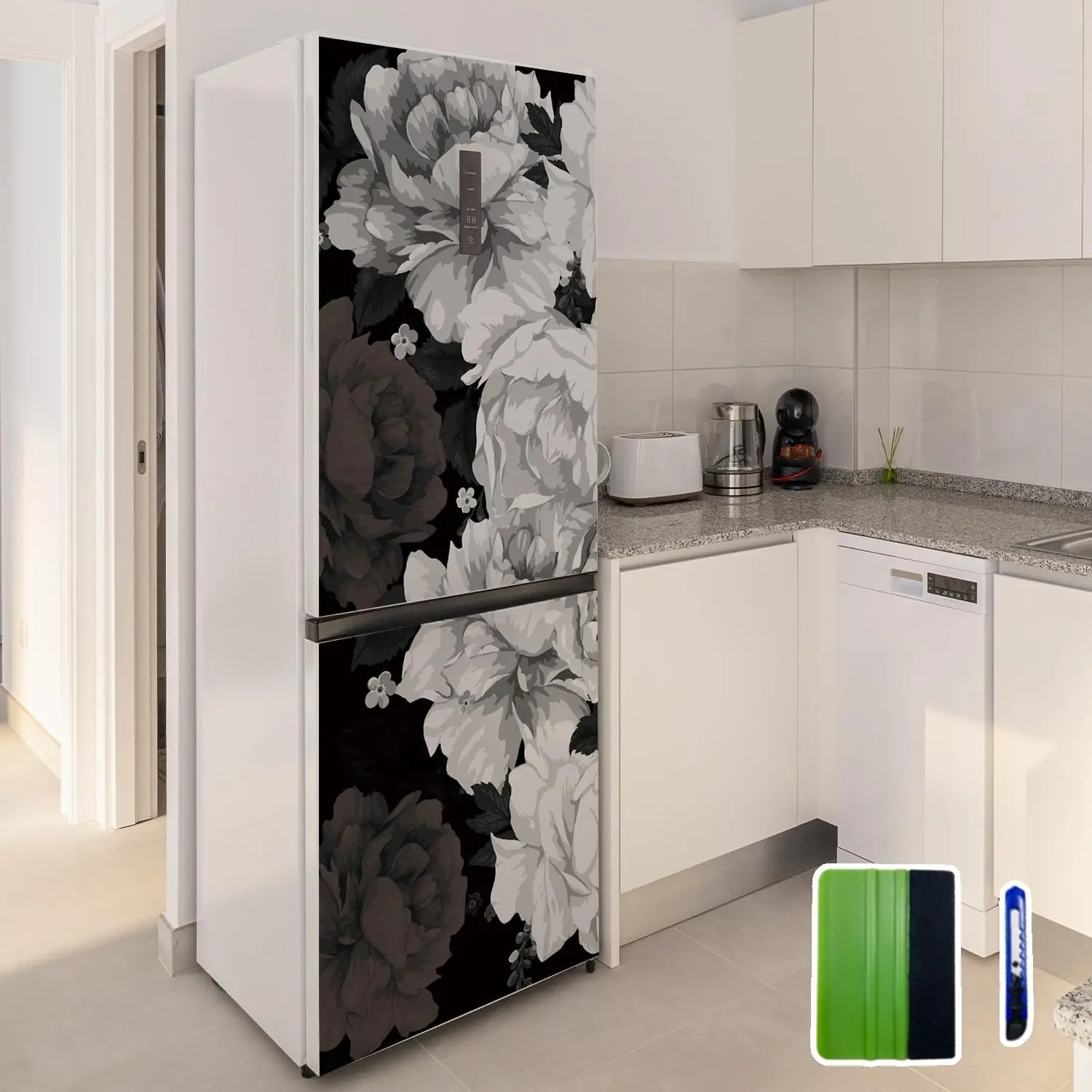 Black and White Peony Floral Pattern Fridge Wrap - Peel-and-Stick Vinyl Refrigerator Cover Skin, Modern Kitchen Decor Faux Leather Home Decorative Sticker