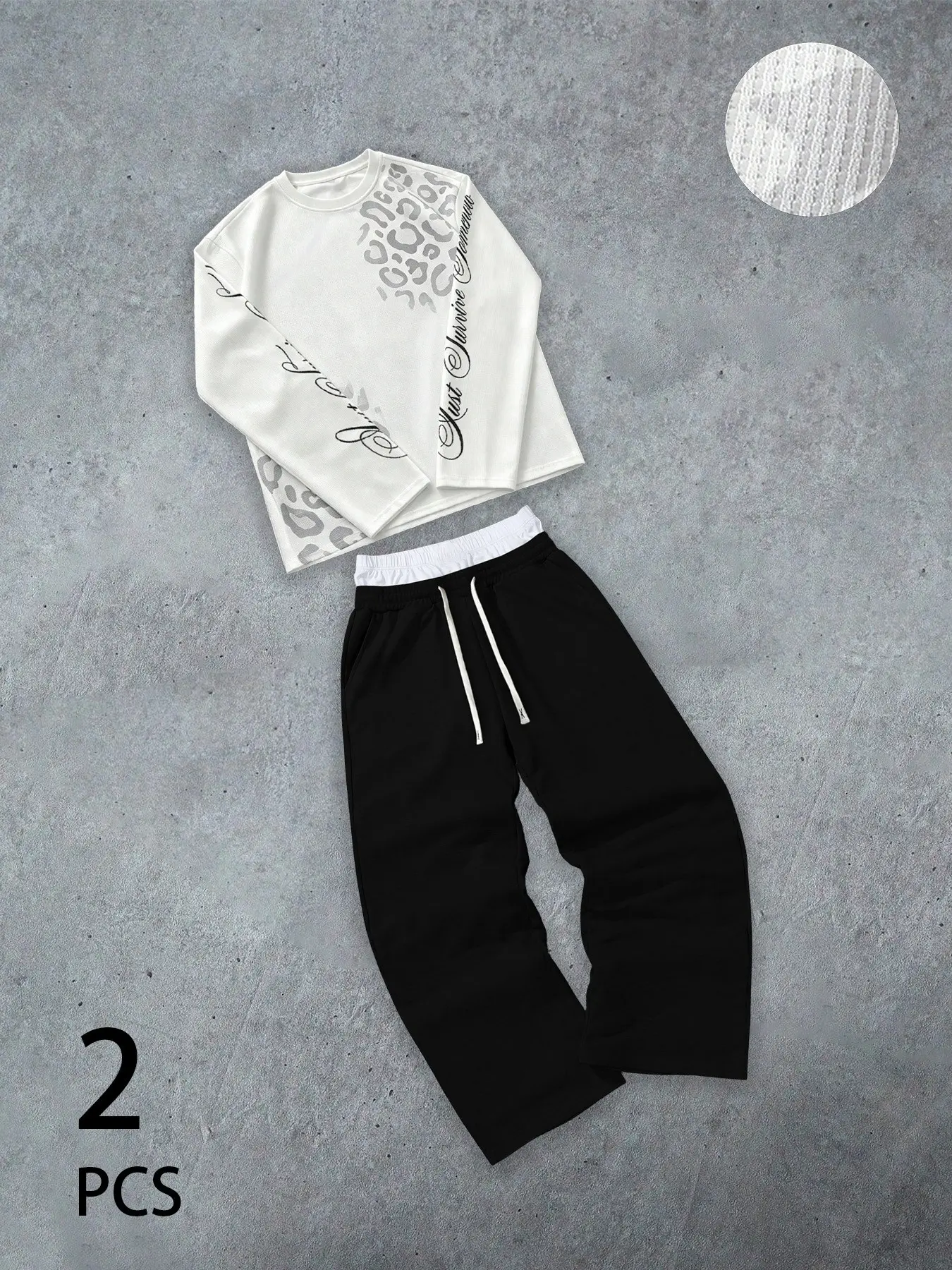 Men's 2 Piece Casual Outfit Waffle Knit Long Sleeve Crew Neck Top Leopard Letter Graphic Print Wide Leg Drawstring Sweatpants Matching Set Breathable Loose Fit For Campus Commute Weekend Streetwear Daily Leisure Wear