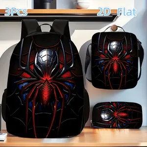 This 3-piece unisex backpack set features a cool red spider print, adjustable shoulder straps, and a zipper closure.The set includes a backpack, a crossbody bag, and a pencil case, suitable for school, travel, and camping.
