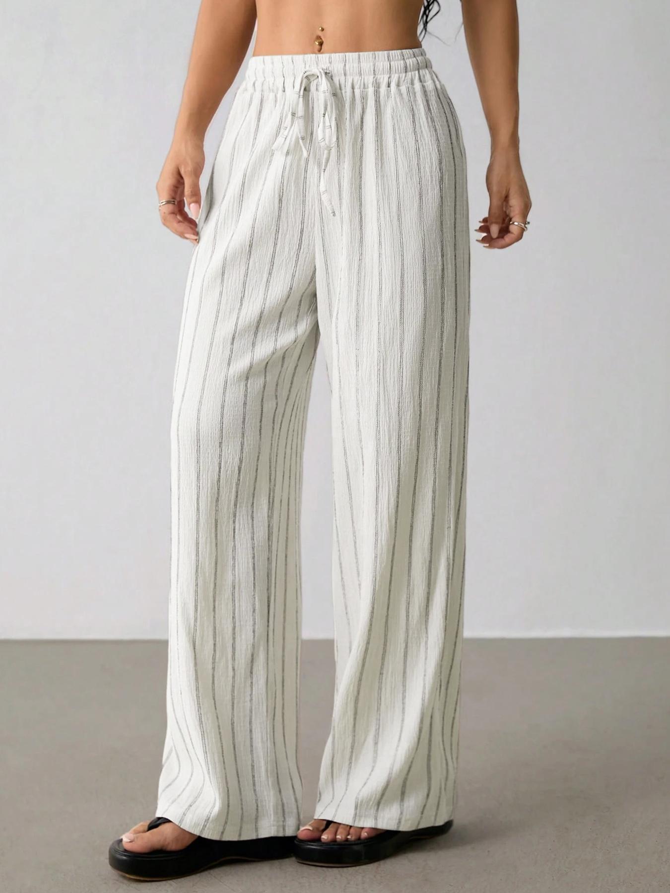 Women's Striped Waist-Tie Straight-Leg Loose Streetwear Pants, Casual Style, Moderate Fabric Thickness, All-Season Wear