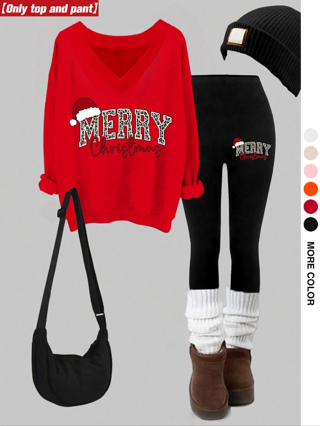 Women's Christmas Print V-Neck Long Sleeve Hoodie Set, Fitted Skinny Pants, Casual Fall & Winter, Multi Color Options, Matching Clothing Set