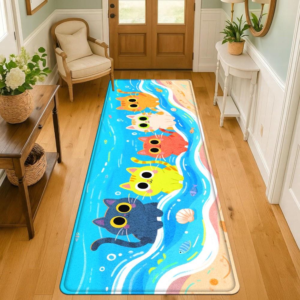 1PC， Colorful Cats on the Beach Patterned strip rugs, home décor, bathroom mats, entryway mats, bathroom non-slip mats, indoor entrance rugs, bedroom bedside mats, kitchen mats, hallway rugs, flannel sponge rugs, hallway runner rugs