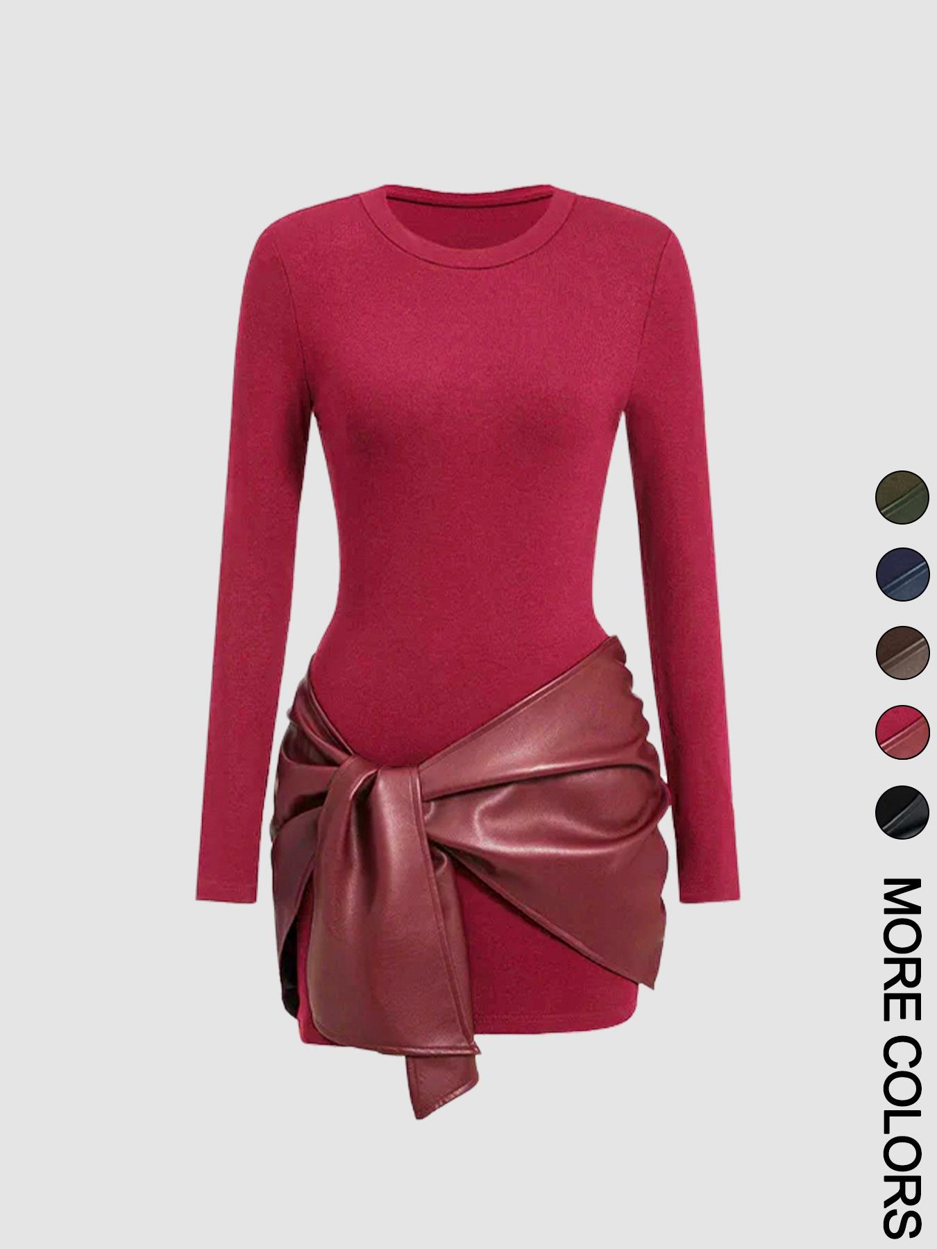 Women's patchwork knotted side ruched long-sleeved mini dress Casual Wear