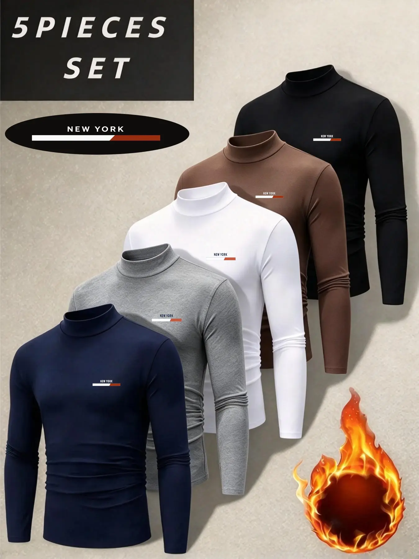 5-Pack Men's Fall Winter High Neck Long Sleeve Shirts, Slim Fit Stretch Warm Innerwear, Casual Basic Thermal Top for Hiking, Skiing, Cold Weather