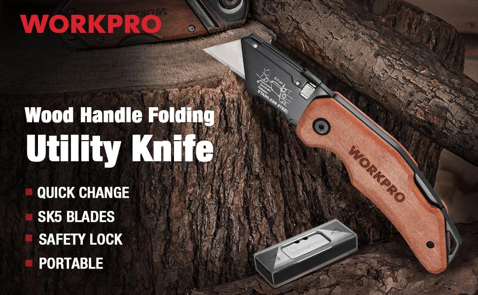 #SpringGlowUp WORKPRO Folding Utility Knife with Stainless Steel Head, Quick-change Blade & Back Lock, Wood Handle Heavy Duty Box Cutter, 1PC Razor Knife with Extra 10COUNT SK5 Blades