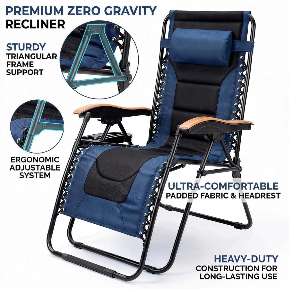 Oversized Padded Zero Gravity Chair, Foldable Patio Recliner, 30" Wide Seat Anti Gravity Lounger with Cup Holder, Support 400 LBS Oversized Padded Zero Gravity Chair, Foldable Patio Recliner, 30" Wide Seat Anti Gravity Lounger with Cup Holder, Support 400 LBS