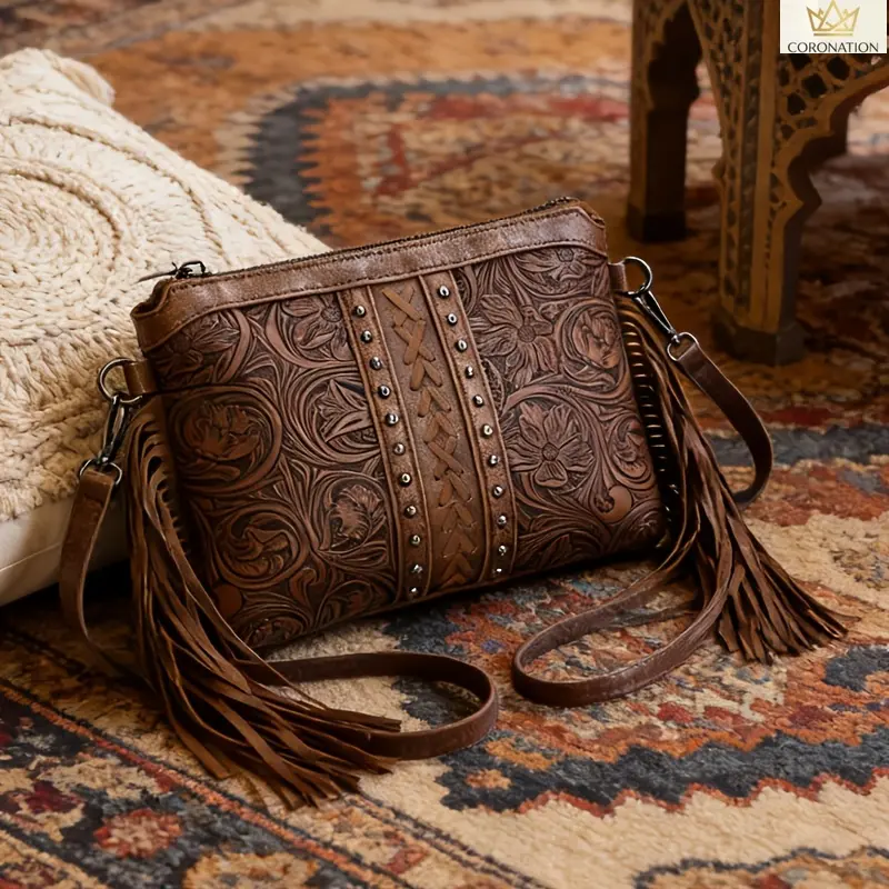 Women's Western Boho Tooled Print Crossbody Bag - Adjustable Strap, Multiple Pockets Casual Fashion Purse for Camping, Hiking, Daily Use (Handbags for Women)