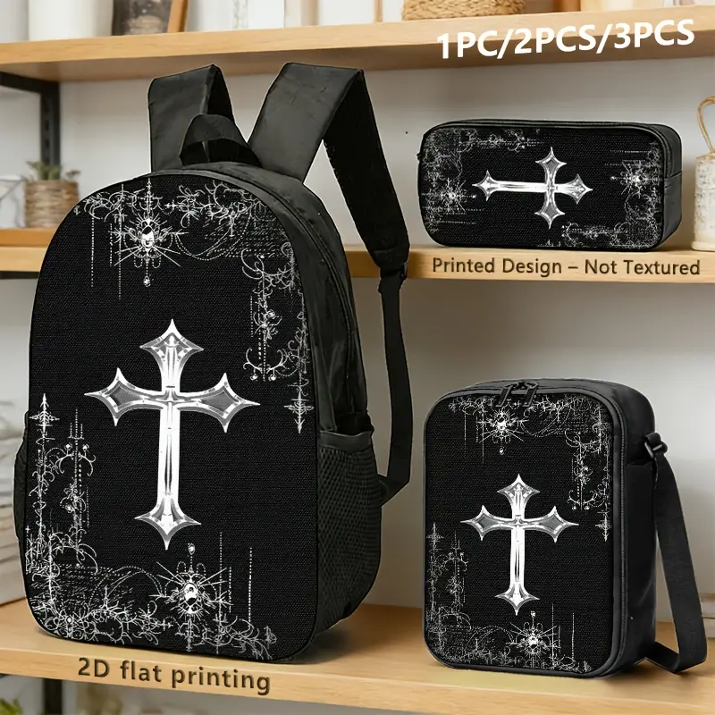 1pc/2pcs/3pcs Backpack Storage Bag Shoulder Bag, Black Gothic Cross with silvery Accents; Edgy Users; Ideal for Commuting, Concerts, Travel, And Daily Carry