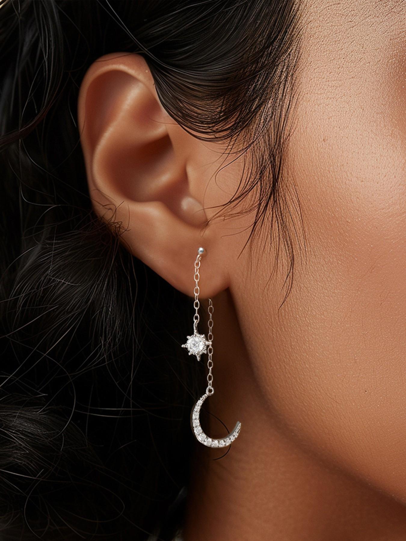 1Pair 925 Sterling Silver Classic Stars And Moon Cubic Zirconia Stud Earrings Hypoallergenic Cartilage Helix Tragus Lobe Piercing Jewelry Suitable For Women For Daily, Dates, Vacation, Wedding, Party, Holiday Gift