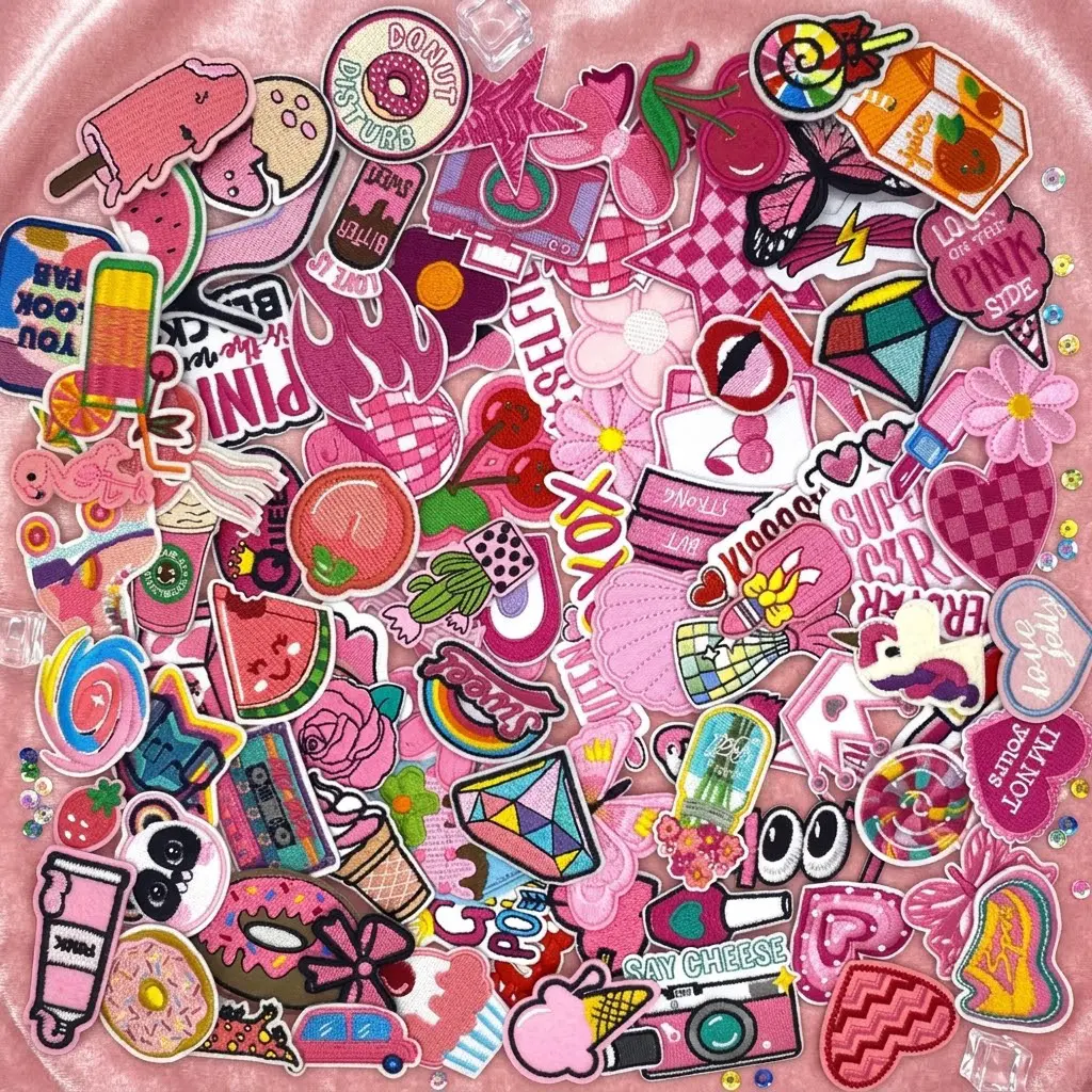 45-Piece Cute Mixed Pink Embroidery Iron-On Patches, Random Decorative Fabric Appliques for DIY Jeans, Bags & Garment Repair (Leisure & Outdoor Craft Accessory), 45 Pieces