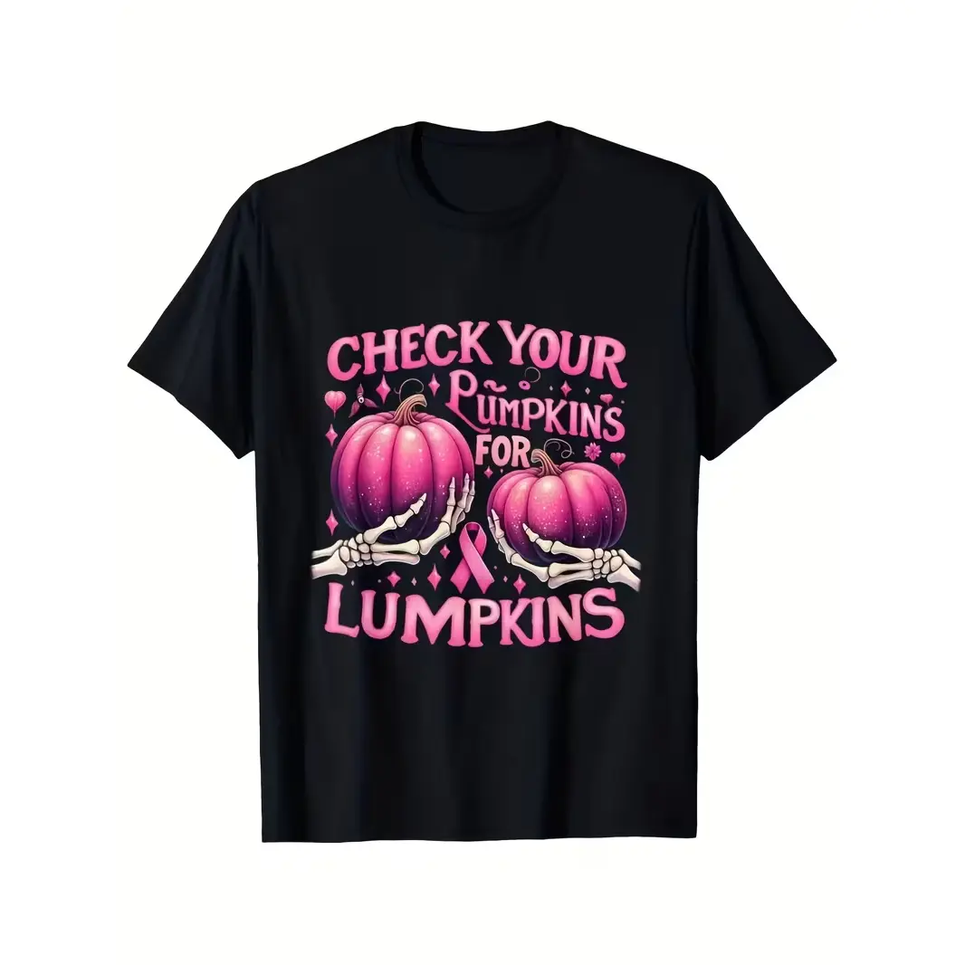 Check Your Lumps Breast Cancer Awareness Pink Ribbon Pumpkin T Shirt Same Style for Men and Women 2026 Summer Short-sleeved Printed T-shirt 180G
