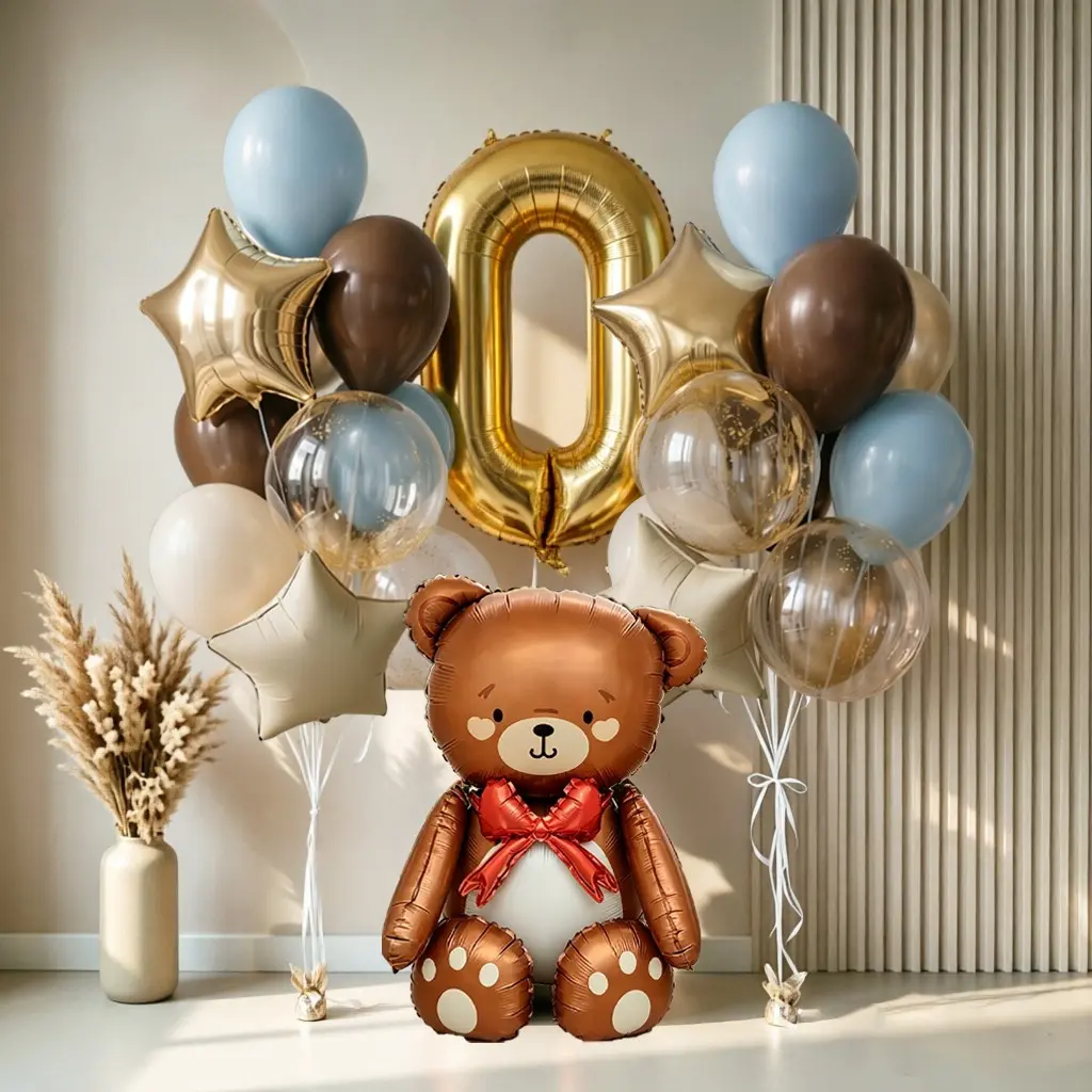 Cartoon Bear Aluminum Foil Balloon Set with Silver Color Numbers and Latex Balloons, Perfect for Birthday Parties, Weddings, Anniversaries