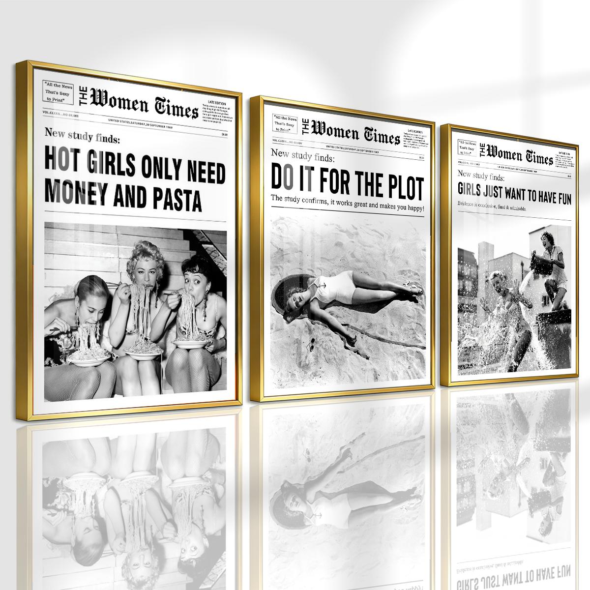 3 Counts Aluminum Alloy Framed Painting, Vintage Women Newspaper Poster Set, Home Decoration For Living Room, Bedroom, Office, Restaurant, Hallway Wall Decor, Odorless Print Artwork, Luxury Perfect Gift For Friends And Family