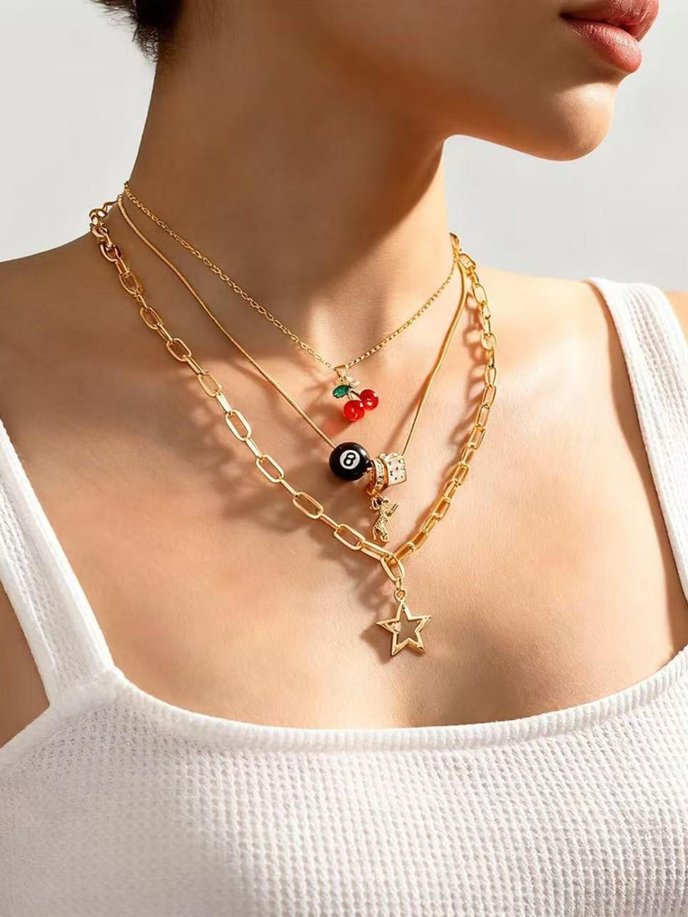 Y2K Necklaces Jewelry Gold Cherry Necklaces for Women Chunky Charm Streetwear Star 8 Ball Stackable Leopard Cheetah Dice Layered Gold Dainty Statement Chain Choker Trendy Birthday Jewelry Gifts