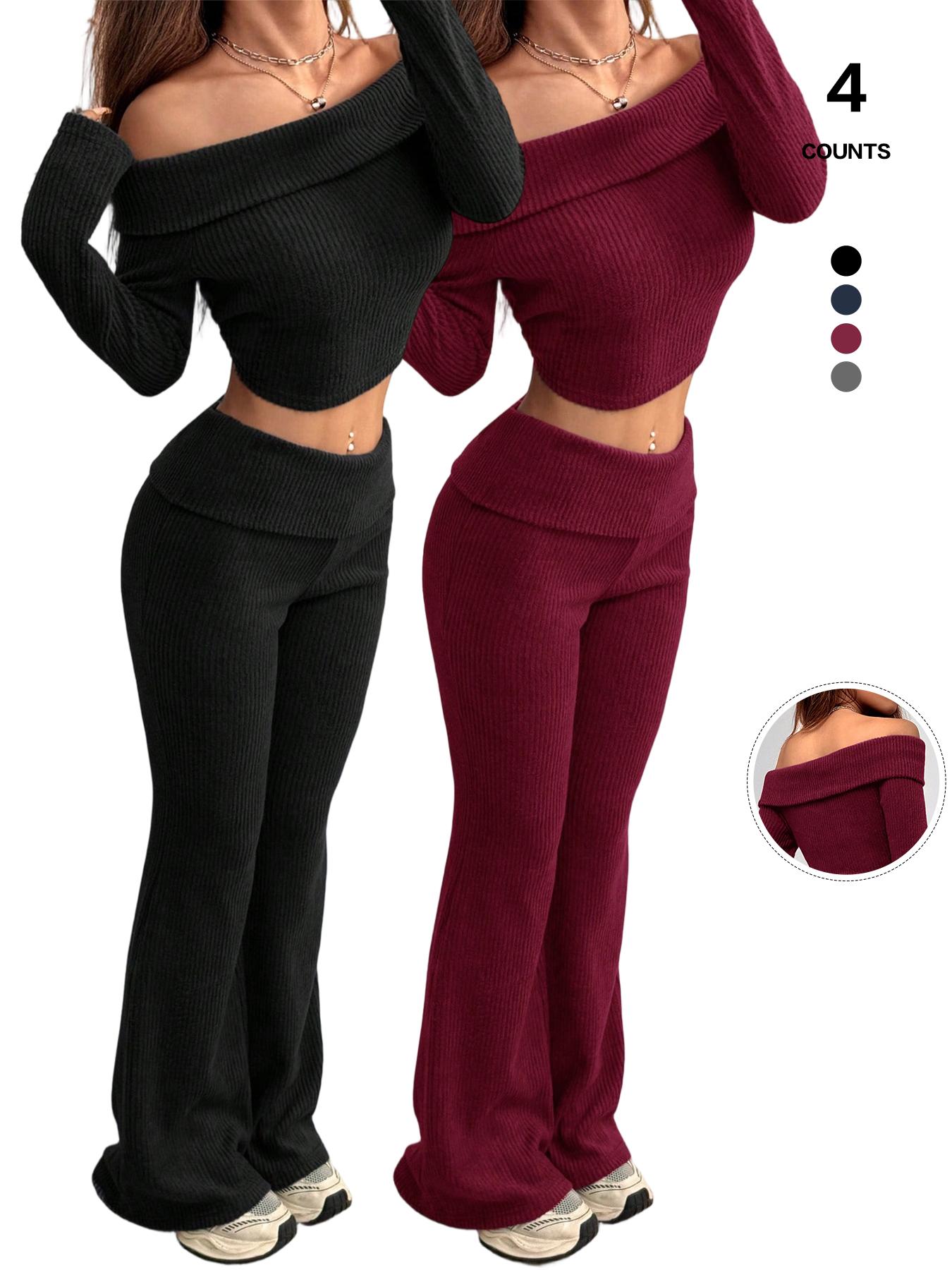 2026 Women's 2-Piece Matching Set, Off-The-Shoulder Long Sleeve Crop Top & High-Waist Flare Leg Pants, Sexy Y2K Ribbed Knit