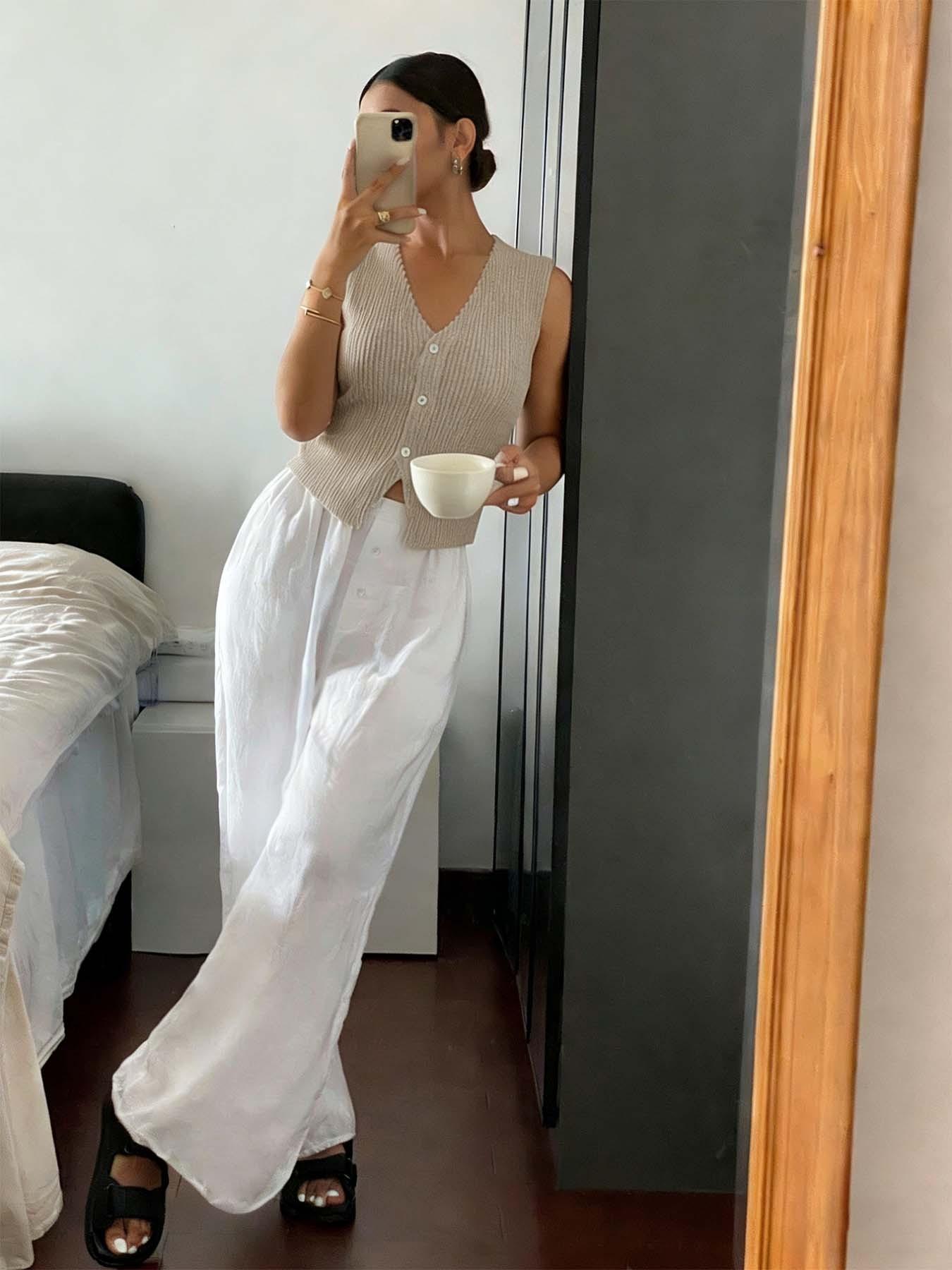 Ribbed knit vest for women, sleeveless V-neck button up crop top, soft and breathable casual knit vest, Y2K aesthetic summer set, multifunctional layered item for daily/office/dating, minimalist chic knitted fabric