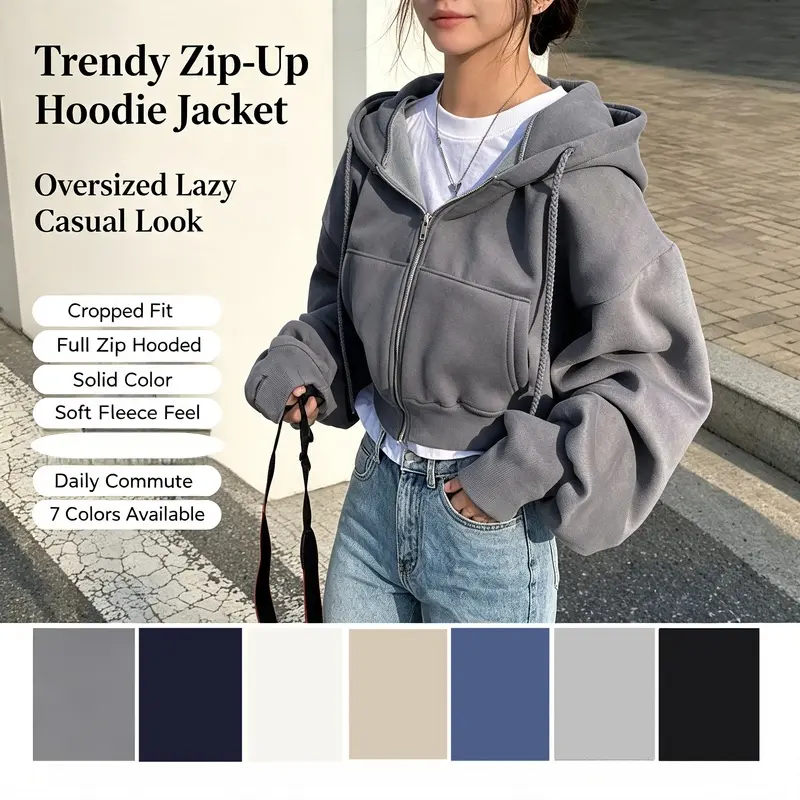 Women's Basic Polyester Zip-Up Cropped Hoodie - Longsleeves Solid Color Loose Fit Casual Minimalist Outerwear Top