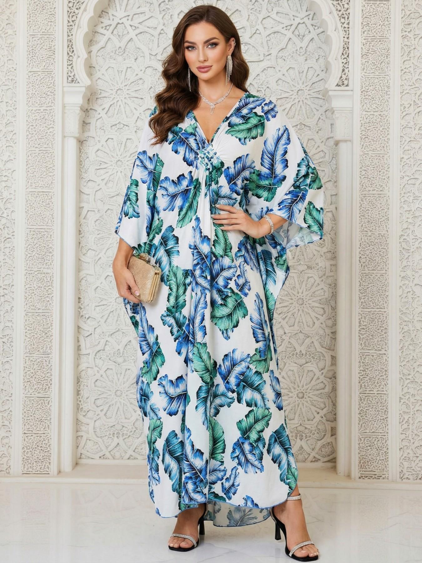 Women's Leopard Print Batwing Sleeve Split Hem Kaftan Dress, Casual Modest Style V-Neck 3/4 Sleeve Long Dress for Fall & Winter, Women's Islamic Clothing for Daily Wear Women's Leopard Print Batwing Sleeve Split Hem Kaftan Dress, Casual Modest Style V-Neck 3/4 Sleeve Long Dress for Fall & Winter, Women's Islamic Clothing for Daily Wear