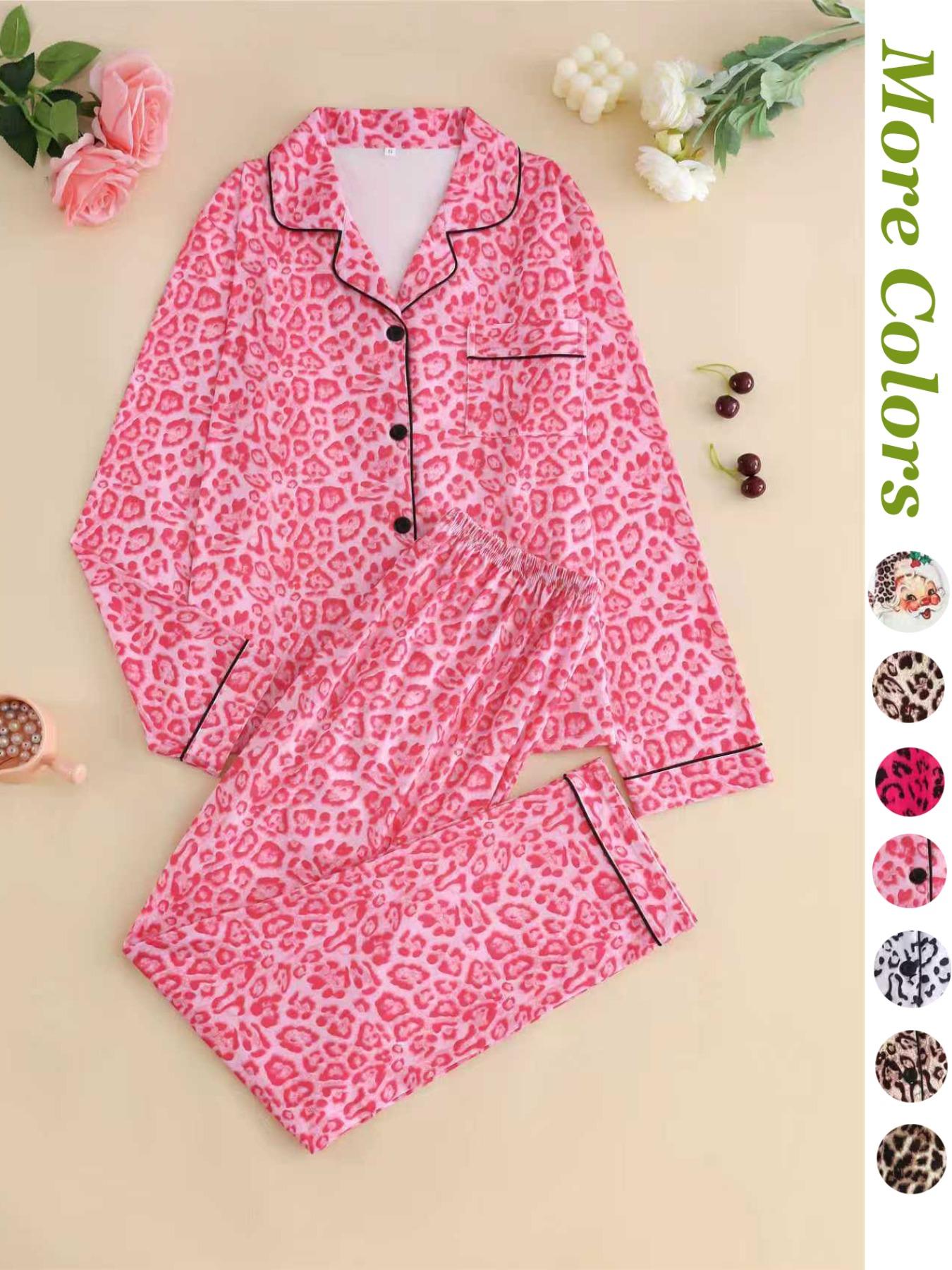 Women's Leopard Print Button Front Pocket Lapel Shirt & Elastic Waist Pants Pyjama Two-piece Set, Casual Comfy Pocket Long Sleeve Top & Trousers Pj Set, Women's Sleepwear for Spring & Fall, Loungewear Set Women, Leopard Print Pajamas