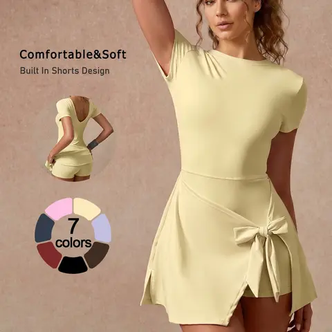 Women's Solid Color Short Sleeve Sports Dress with Built-In Skort, Active Dress, Fitness Workout Dress, High-Stretch Soft Slim-Fit Backless Yoga Dress, Casual Anti-Chafing Tennis Dress for Outdoor Running, Gym and Training, Golf Sports Skort