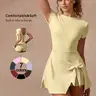 Women's Solid Color Short Sleeve Sports Dress with Built-In Skort, Active Dress, Fitness Workout Dress, High-Stretch Soft Slim-Fit Backless Yoga Dress, Casual Anti-Chafing Tennis Dress for Outdoor Running, Gym and Training, Golf Sports Skort