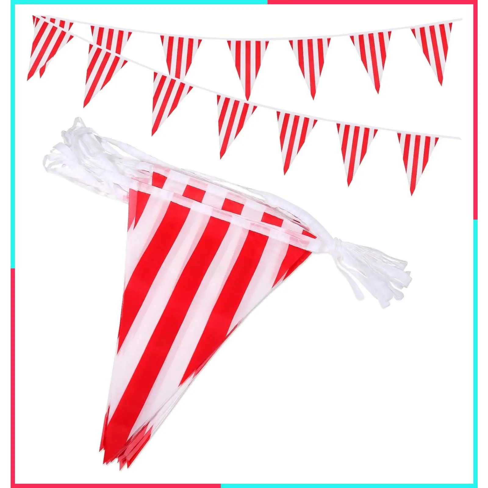 Red & White Striped Pennant Banners, Reusable Polyester Cloth Flags for Carnival Circus Party Decorations, Birthday Celebrations, Tent Camping (30 Feet - 21 Large Flags)