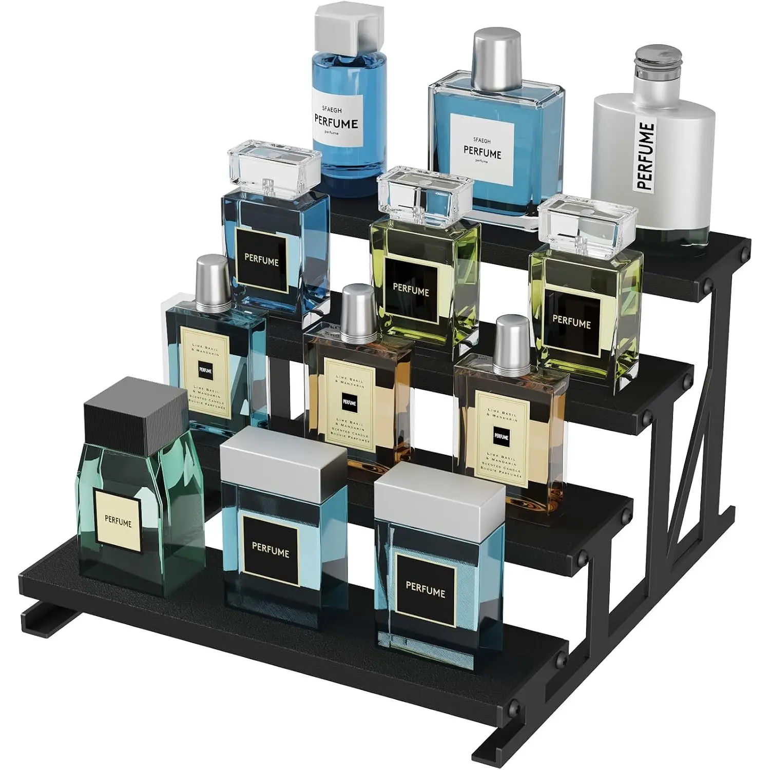 Cologne Organizer, Perfume Stand, Black, 9.9", 1 count | Wooden Display Riser for Perfume, , Aftershave, , Bedroom, Bathroom Countertop Storage,  Rack for Cabient