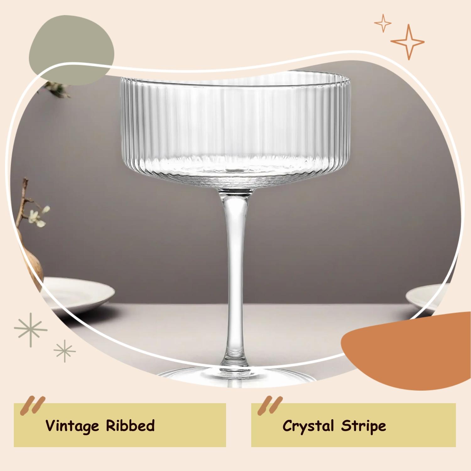 Vintage Ribbed Coupe Glass, 2/4 pcs Wine Glass Set Elegant Crystal Stripe Martini Glasses for Champagne, Margarita, Espresso, Perfect for Parties & Gifts, Drinkware
