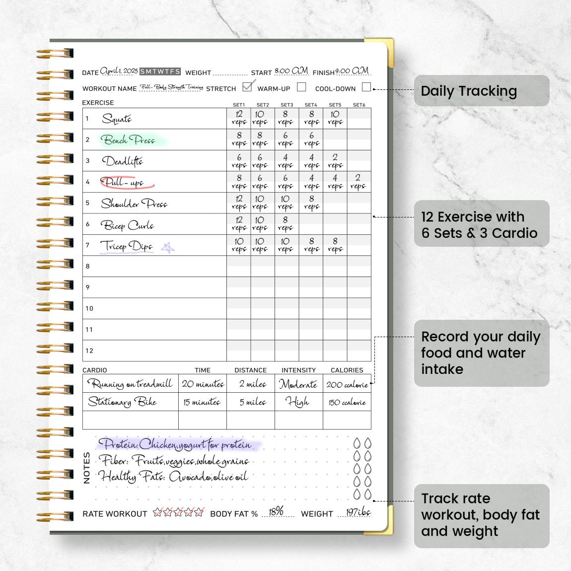 Fitness Journal A5 Training Log Book, Daily Workout Tracker, Strength & Aerobic Record Notebook, Weight Body Fat Management, Portable Coil Binder