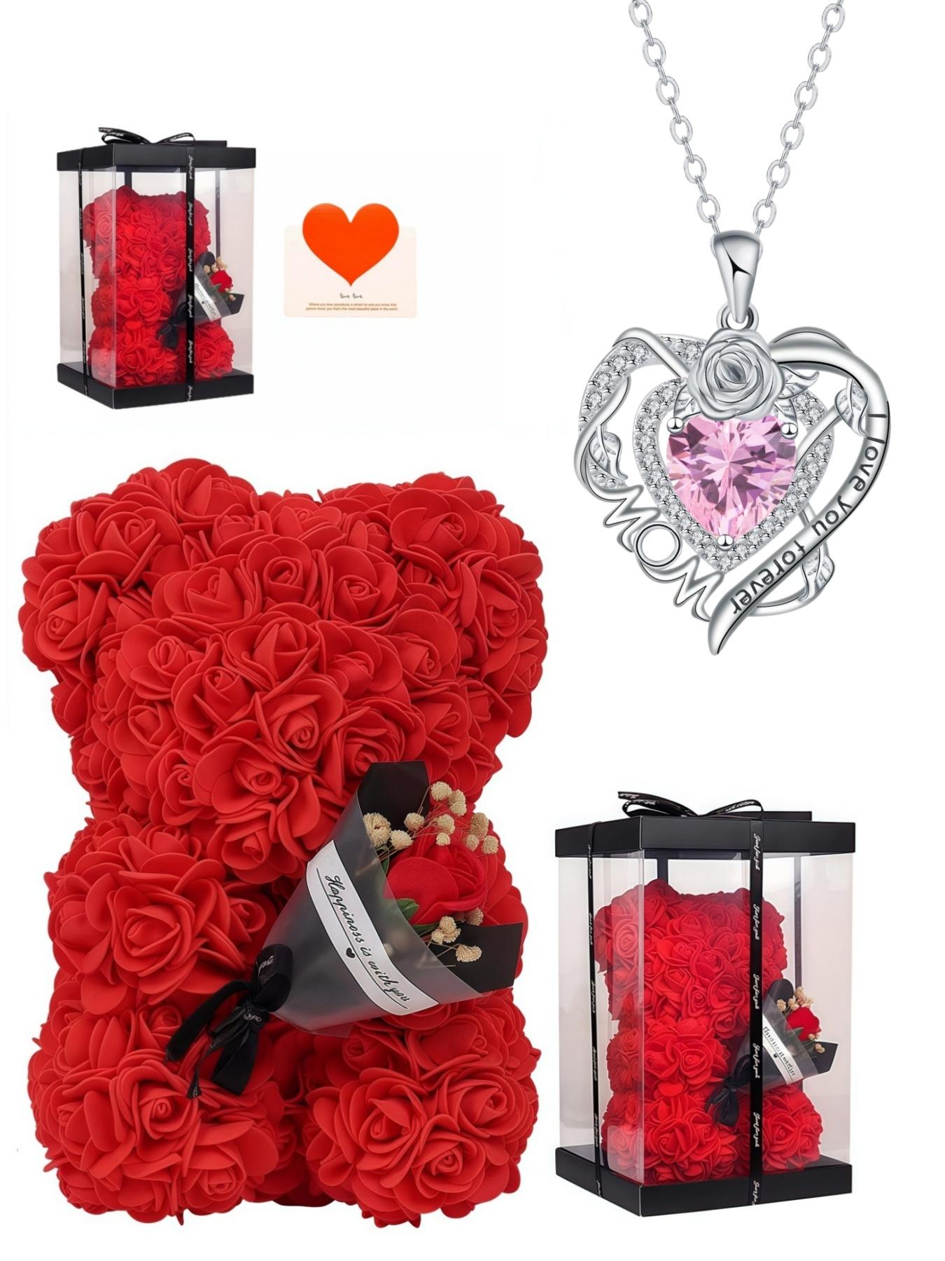 Rose Heart Forever Mom Original heart-shaped rose pendant, luxury premium gem necklace.Paired with a preserved rose & teddy bear jewelry gift box.Perfect mysterious gift for festivals, birthdays, Valentine's Day, Mother's Day and Christmas.