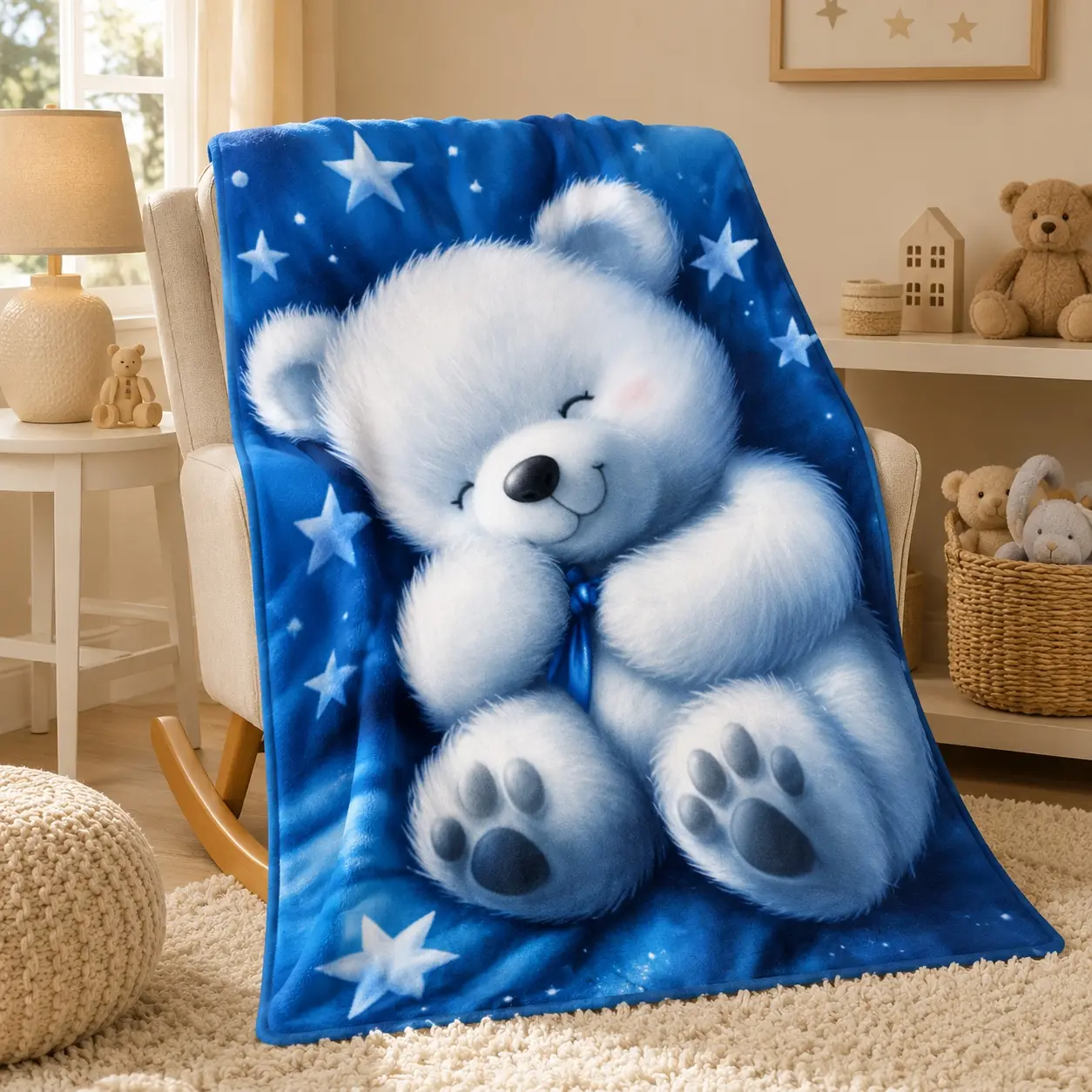 Cute Animal Soft Fleece Winter Teddy Bear Throw Blanket - Blue Starry Sky White Bear Design, for Kids Room Decor & Bed, Christmas Holiday Gift & Winter Home Decor
