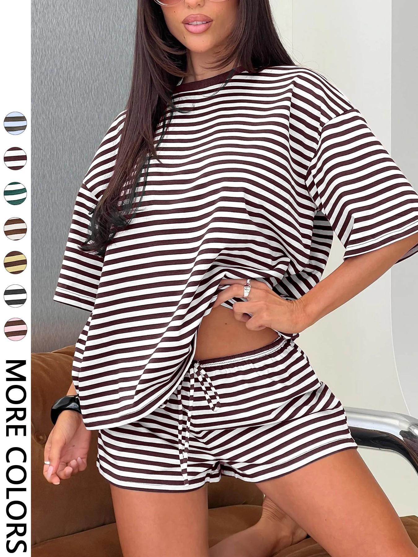 2 Spring Summer Stripe Print 2 Piece Outfit Women | Oversized T-Shirt + Drawstring Shorts | Soft Casual Lounge Set | Y2K Clean Girl Style for Daily Home Vacation Wear 2 Spring Summer Stripe Print 2 Piece Outfit Women | Oversized T-Shirt + Drawstring Shorts | Soft Casual Lounge Set | Y2K Clean Girl Style for Daily Home Vacation Wear