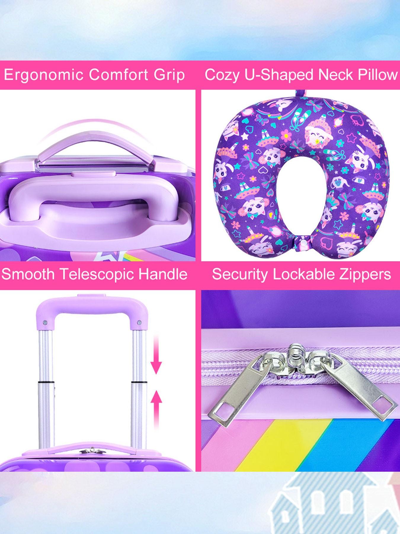 1 Set Kids Luggage Set, Cute Cartoon Cat Print Hard Shell Suitcase with U-Shaped Neck Pillow, Lightweight Rolling Carry On Luggage for Girls, Travel Trolley Case for School Trip, Vacation, Airplane