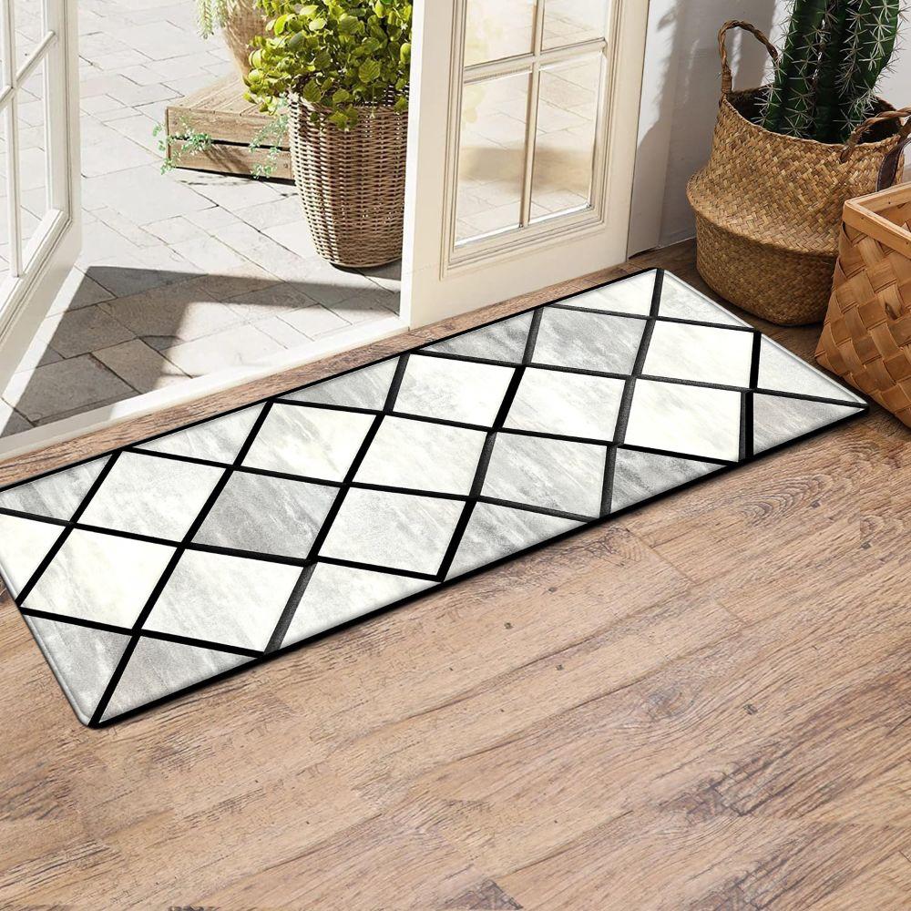 1PC， Black and White Diamond Geometric Pattern strip rugs, home décor, bathroom mats, entryway mats, bathroom non-slip mats, indoor entrance rugs, bedroom bedside mats, kitchen mats, hallway rugs, flannel sponge rugs, hallway runner rugs