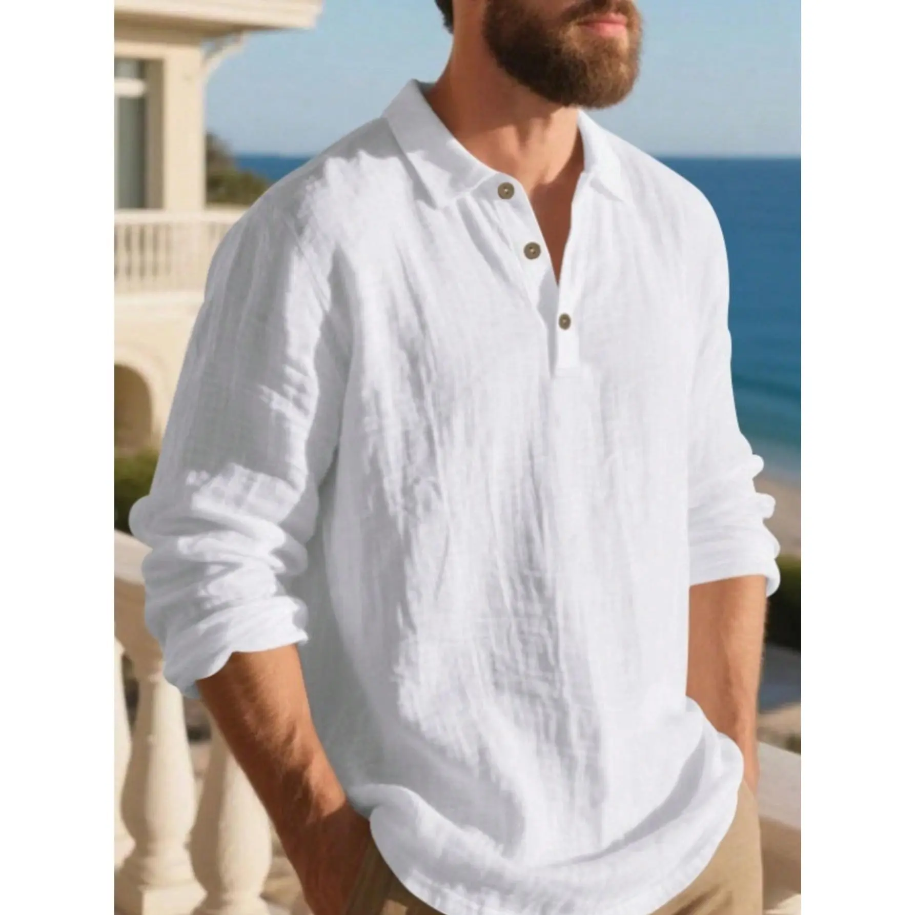 Elevate your everyday mensfashion with this breathable linen henley polo shirt, designed with a classic collar and partial button placket. Its relaxed fit brings laid-back coastal style and lightweight comfort for all casual outdoor occasions.