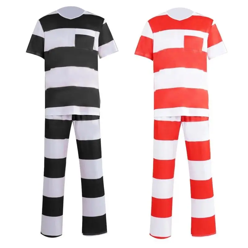 Funny Style Adult Striped Jail Costume Classic Halloween Prisoner Cos Set for Real Escape Room Themed Events and Performance